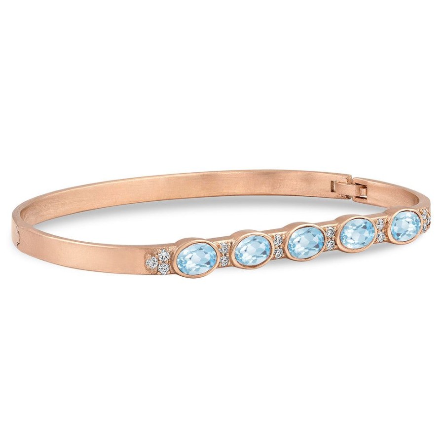 Jewelry dominique cohen | Gemstone Ovals Aquamarine, Diamond Hinged Huggie Bangle,In 18K Rose Gold