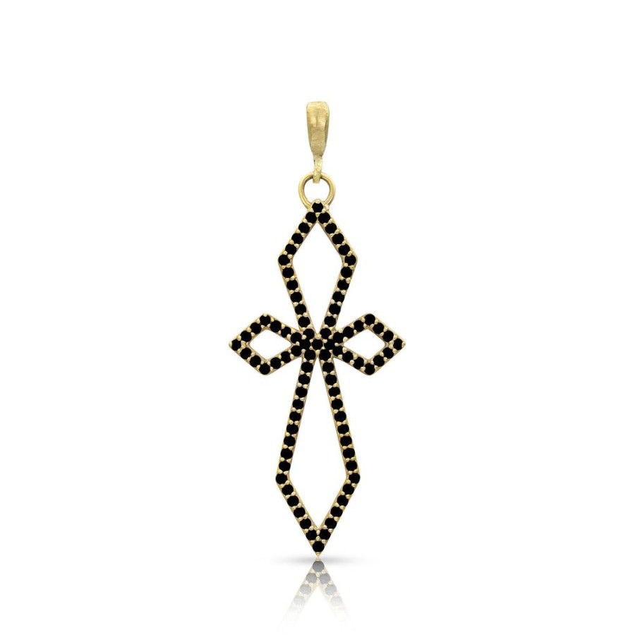 Jewelry dominique cohen | Black Diamond Deco Cross Pendant (Large), In 18K Yellow Gold