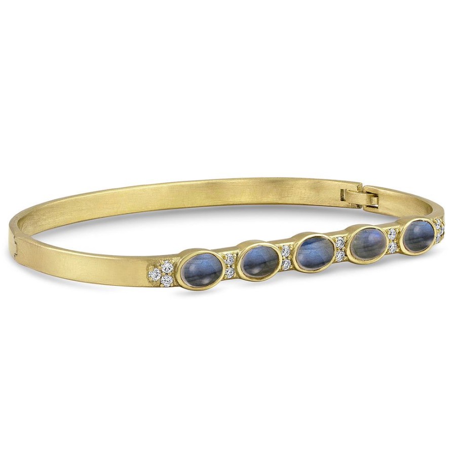 Jewelry dominique cohen | Gemstone Ovals Labradorite, Diamond Hinged Huggie Bangle,In 18K Yellow Gold