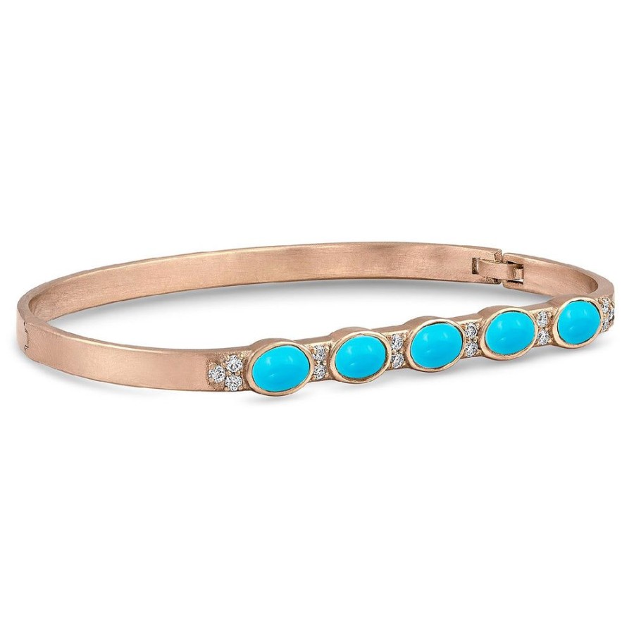 Jewelry dominique cohen | Gemstone Ovals Sleeping Beauty Turquoise, Diamond Hinged Huggie Bangle,In 18K Rose Gold