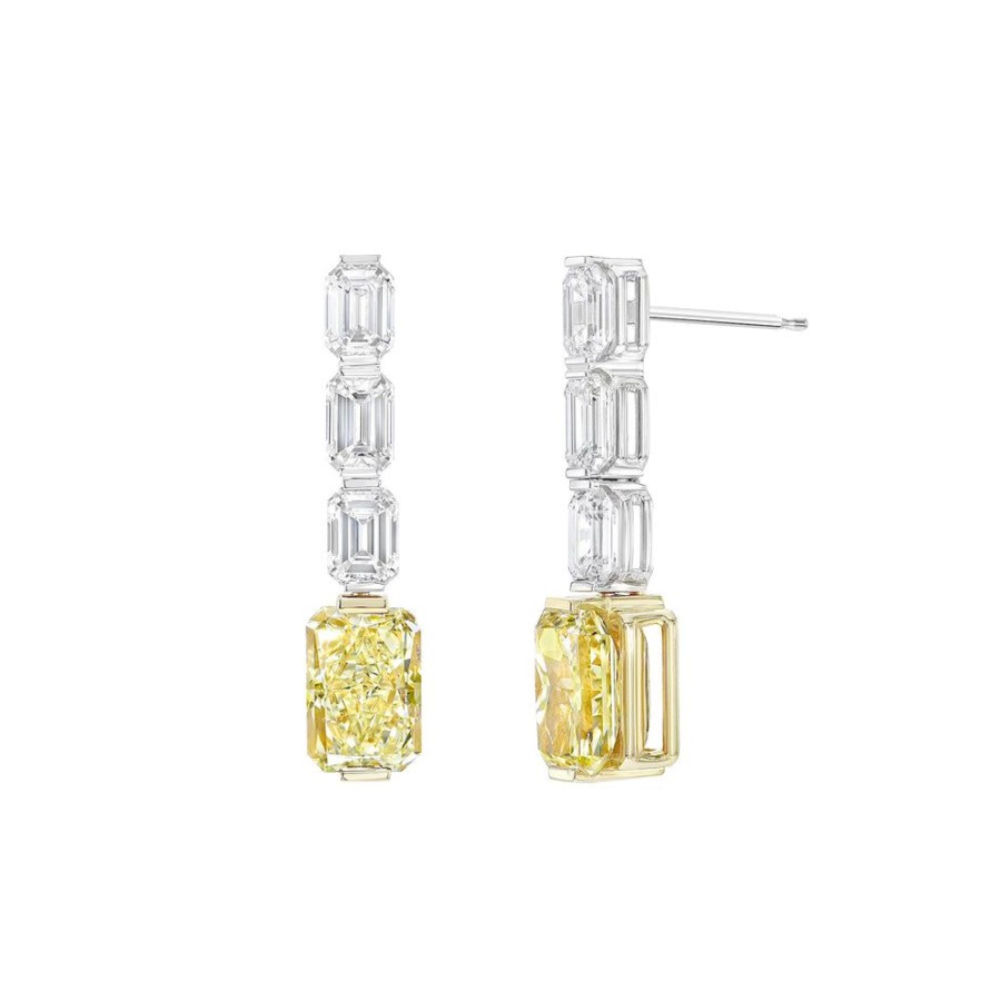 Jewelry dominique cohen | Natural Fancy Yellow Diamond Emerald Cut, White Diamond Radiant Cut Line Earring, In 18K Yellow And White Golds, 6.2Ct, Gia