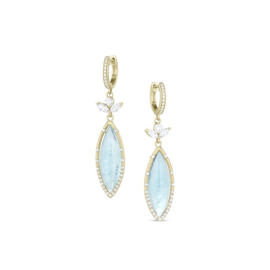 Jewelry dominique cohen | Aquamarine Cabochon Navette, Diamond Lotus Earring Drops With Diamond Hinged Huggie Hoop, In 18K Yellow Gold, 1.03Ct