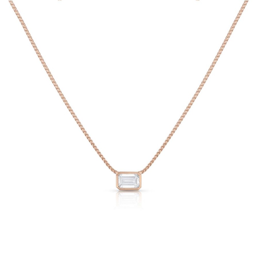 Jewelry dominique cohen Pendant Necklaces | Emerald-Cut Diamond East-West Choker,In 18K Rose Gold,16 Inch Chain,Above-Ground Diamond