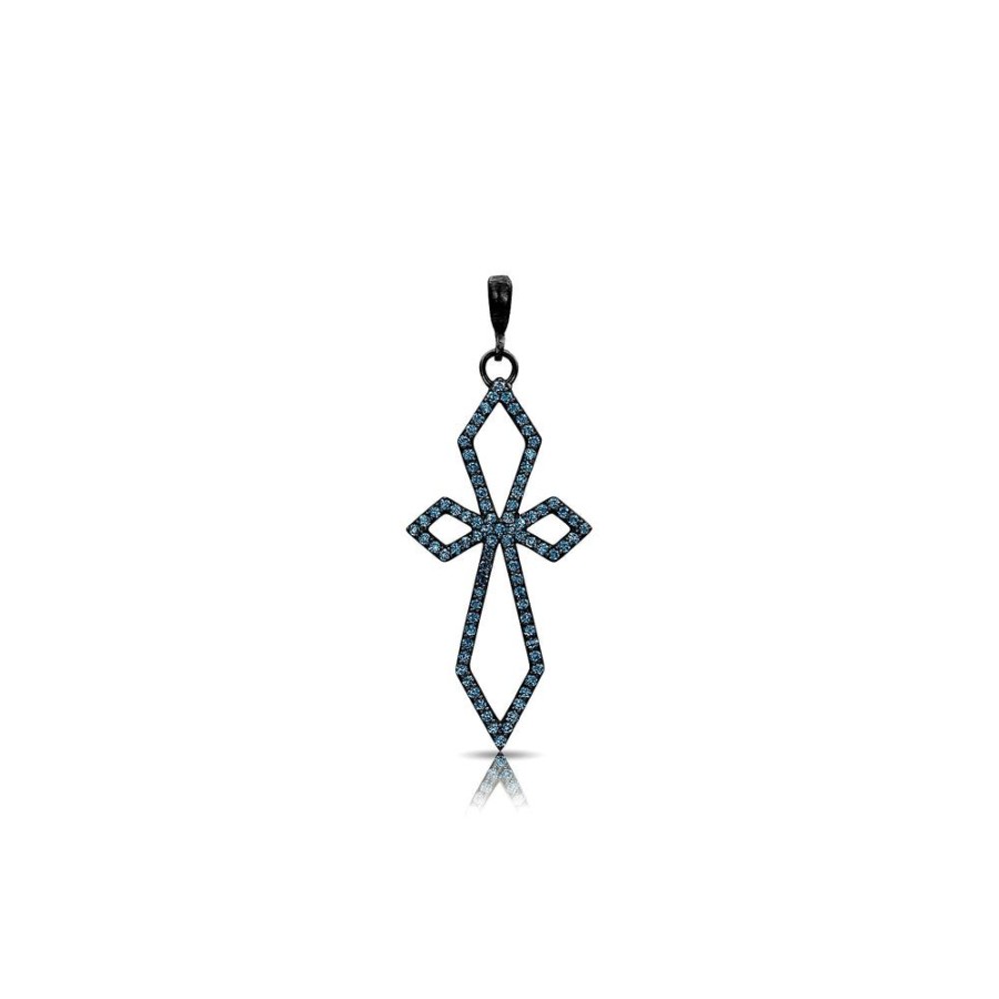 Jewelry dominique cohen | Blue Diamond Deco Cross Pendant (Delicate), In 18K Black Gold