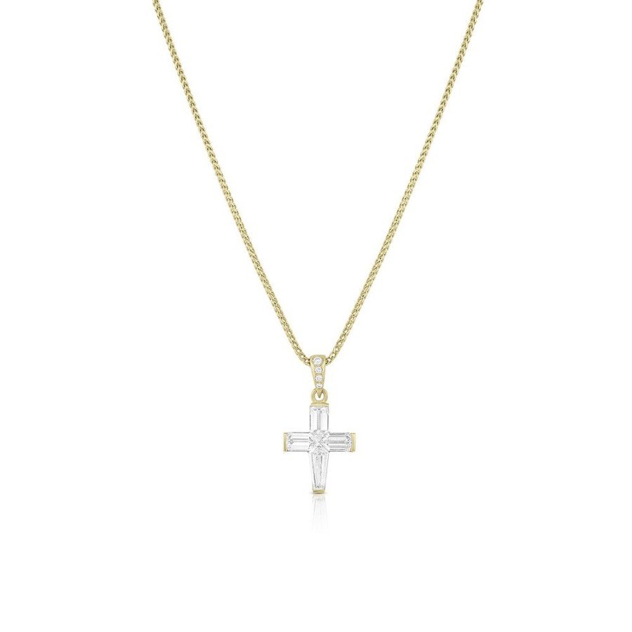 Jewelry dominique cohen Pendant Necklaces | Invisible Set Diamond Baguettes Cross Pendant Necklace,In 18K Yellow Gold,22 Inch Chain