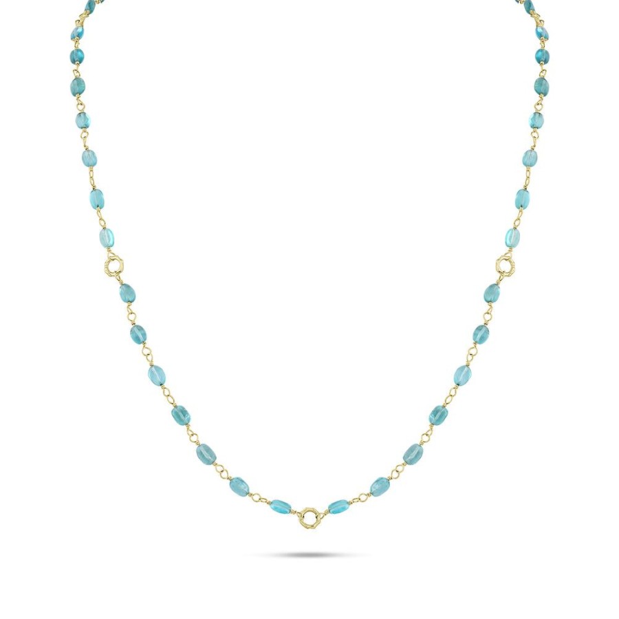 Jewelry dominique cohen Gemstone Chains & Strands & Pearls | Apatite Cabochon Ovals, Bamboo Link Delicate Necklace,In 18K Yellow Gold,22 Inch