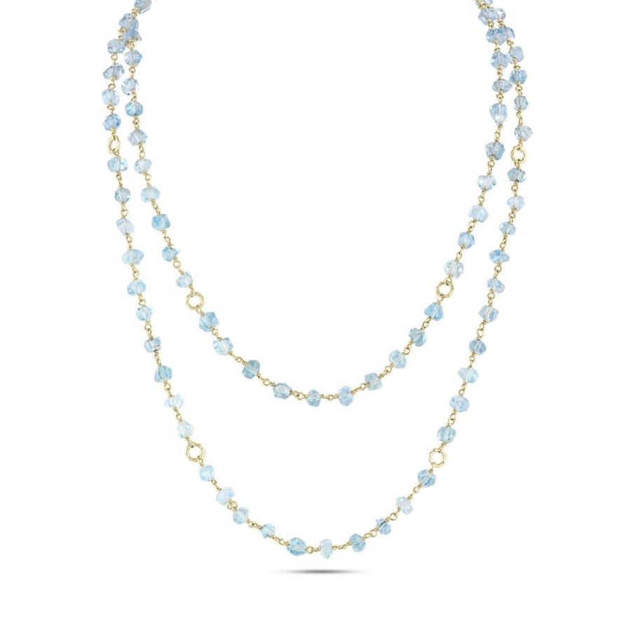 Jewelry dominique cohen Gemstone Chains & Strands & Pearls | Faceted Aquamarine Nugget, Bamboo Link Layering Necklace,In 18K Yellow Gold,42 Inch