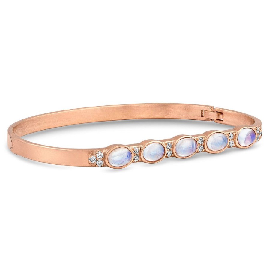 Jewelry dominique cohen | Gemstone Ovals Moonstone, Diamond Hinged Huggie Bangle,In 18K Rose Gold