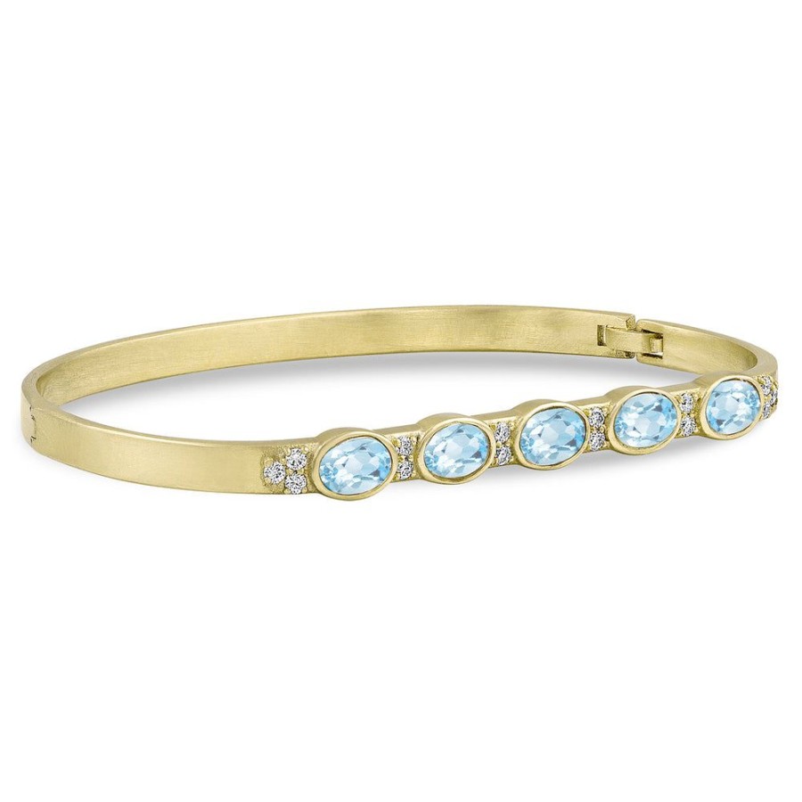 Jewelry dominique cohen | Gemstone Ovals Aquamarine, Diamond Hinged Huggie Bangle,In 18K Yellow Gold