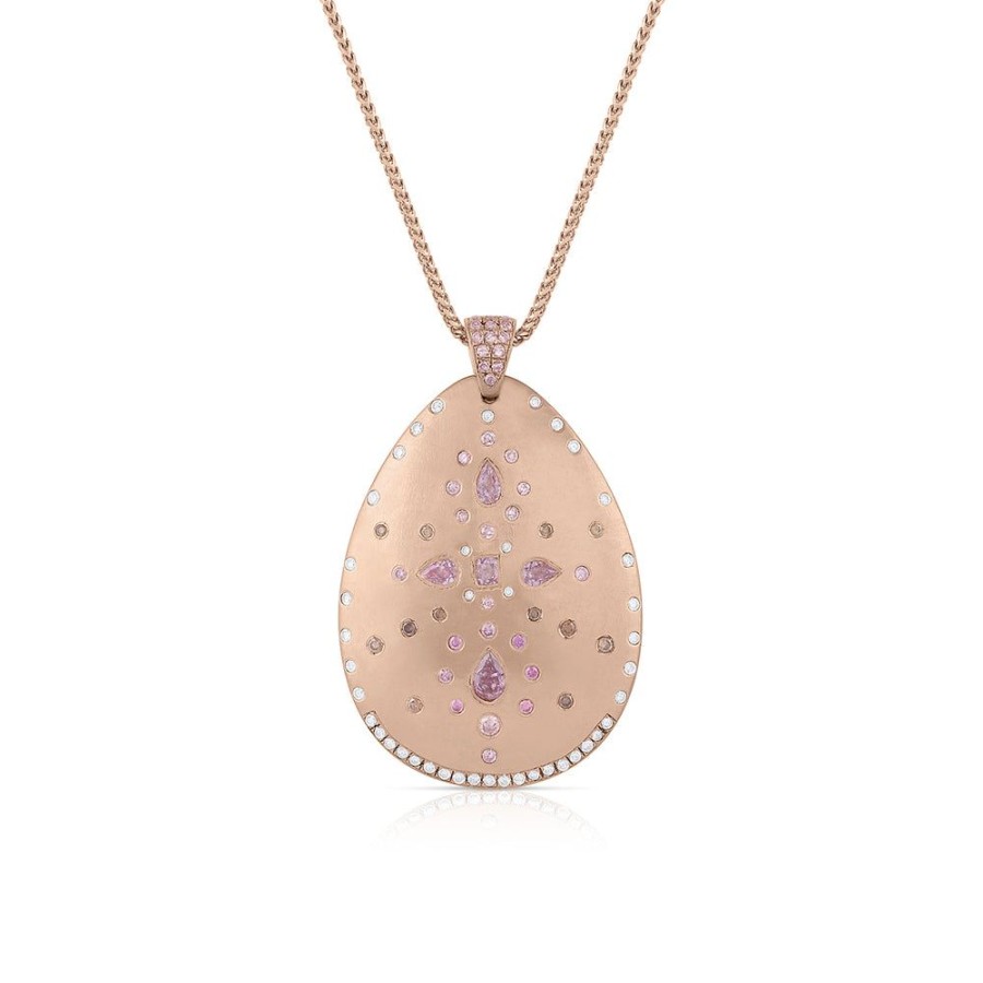 Jewelry dominique cohen Pendant Necklaces | Pink Diamond, Champagne Diamond, White Diamond Teardrop Shield Pendant Necklace,In 18K Rose Gold,22 Inch Chain