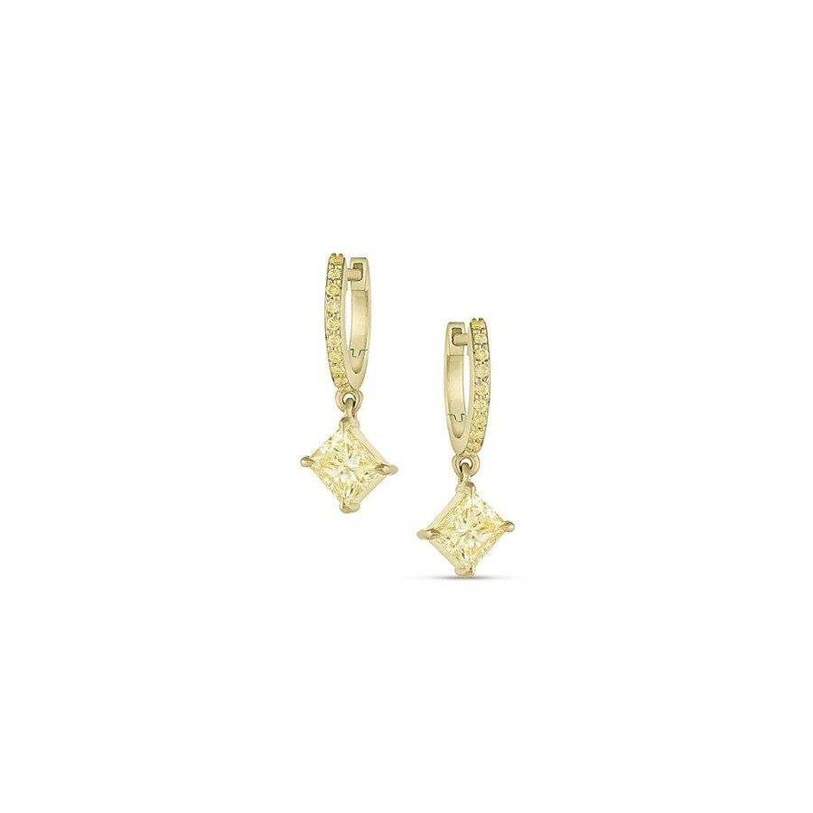 Jewelry dominique cohen | Fancy Lemon Yellow Princess Cut Huggie Hoop Drop Earring,In 18K Yellow Gold,1.33 Carats