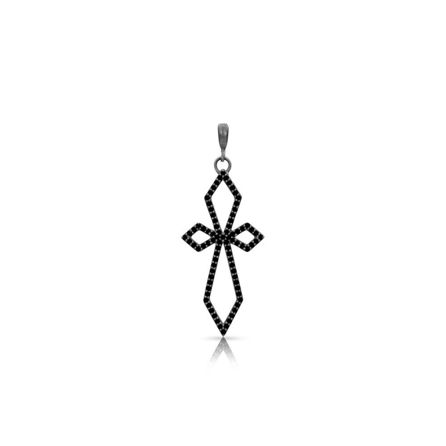 Jewelry dominique cohen | Black Diamond Deco Cross Pendant (Delicate), In 18K Black Gold