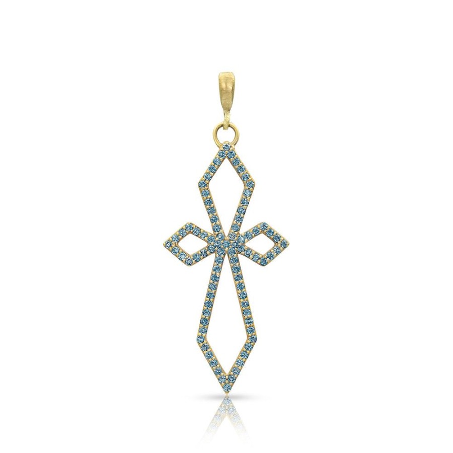 Jewelry dominique cohen | Blue Diamond Deco Cross Pendant (Large), In 18K Yellow Gold