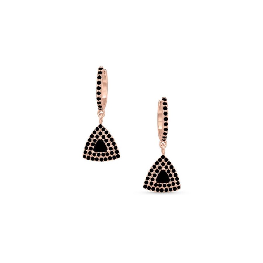 Jewelry dominique cohen | Black Diamond Trillion Double Halo Earring With Huggie Hoop,In 18K Rose Gold