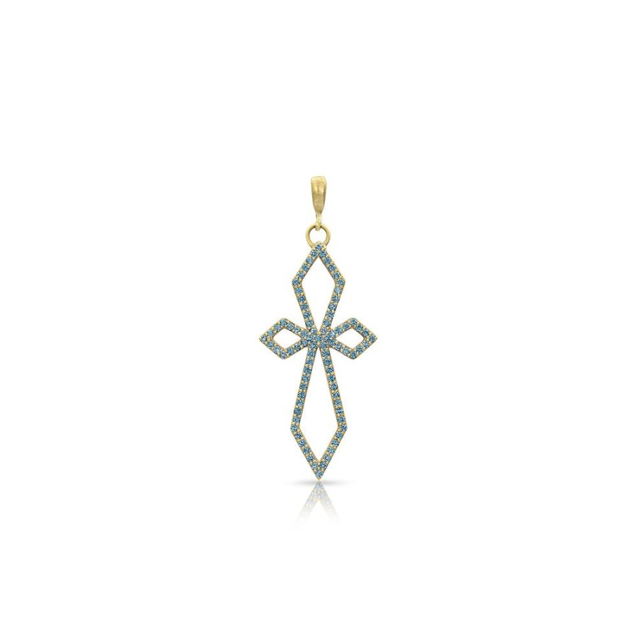 Jewelry dominique cohen | Blue Diamond Deco Cross Pendant (Delicate), In 18K Yellow Gold