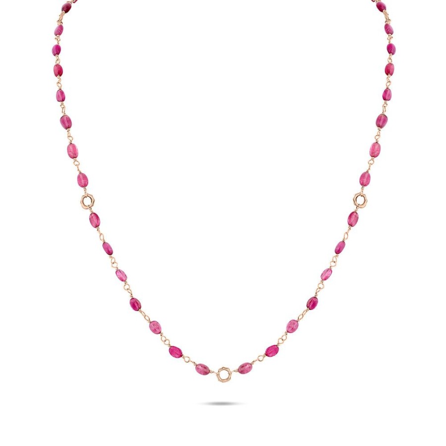 Jewelry dominique cohen Gemstone Chains & Strands & Pearls | Pink Tourmaline Cabochon Ovals, Bamboo Link Delicate Necklace,In 18K Rose Gold,22 Inch