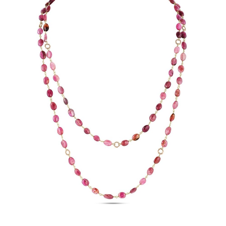 Jewelry dominique cohen Gemstone Chains & Strands & Pearls | Pink Tourmaline Cabochon Ovals, Bamboo Link Layering Necklace, In 18K Rose Gold, 42 Inch