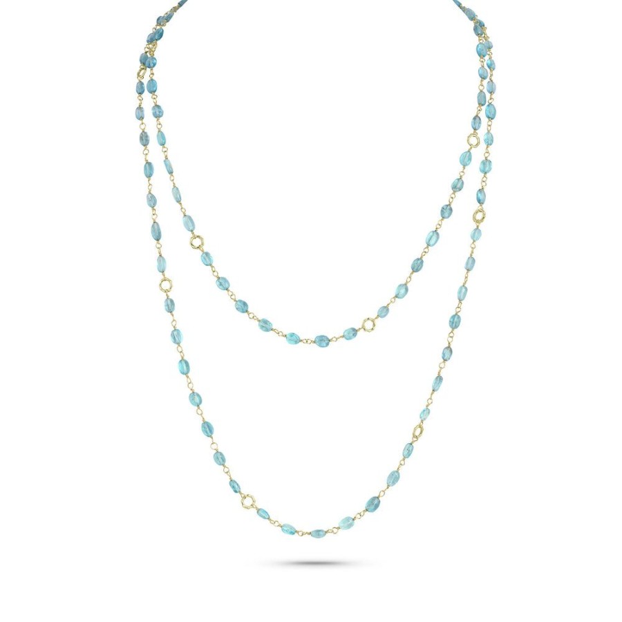 Jewelry dominique cohen Gemstone Chains & Strands & Pearls | Apatite Cabochon Ovals, Mini Bamboo Link Necklace,In 18K Yellow Gold,42 Inch