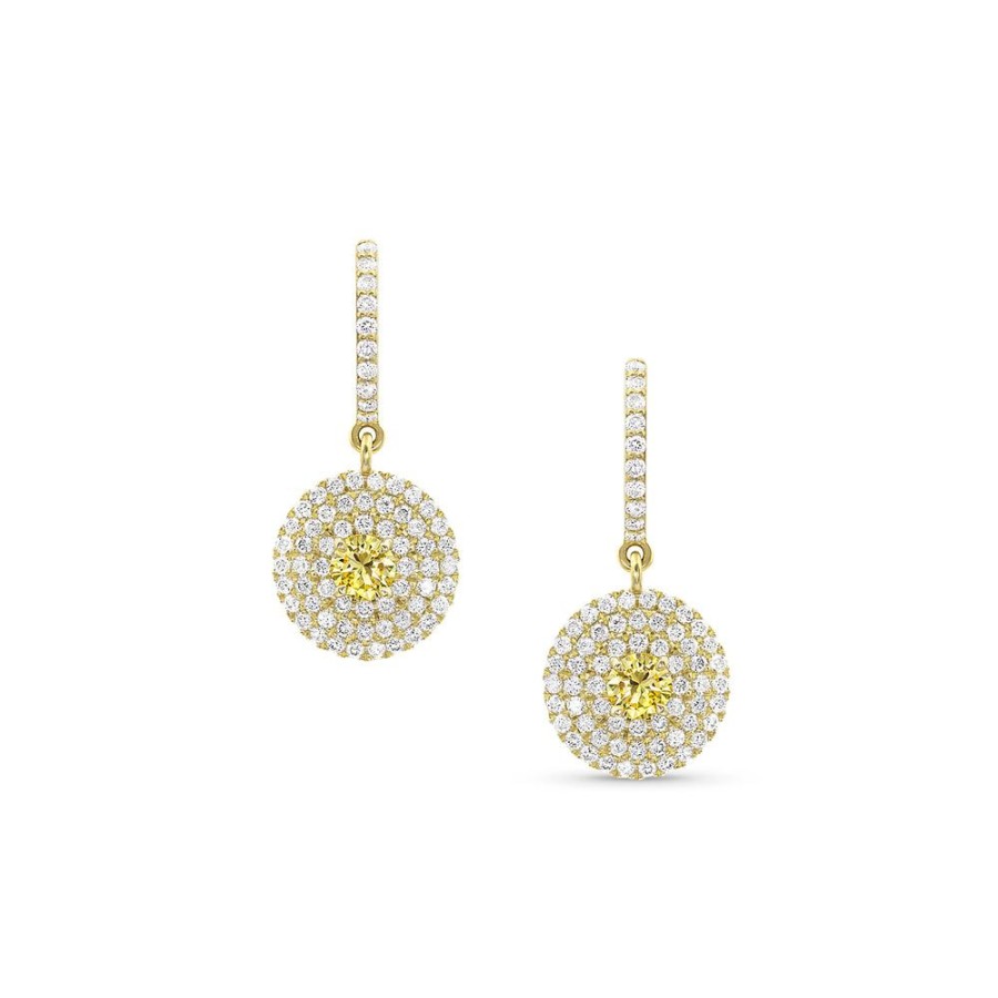 Jewelry dominique cohen | Yellow Diamond, White Diamond Triple Pave Halo Earring On Diamond Huggie Hoop,In 18K Yellow Gold