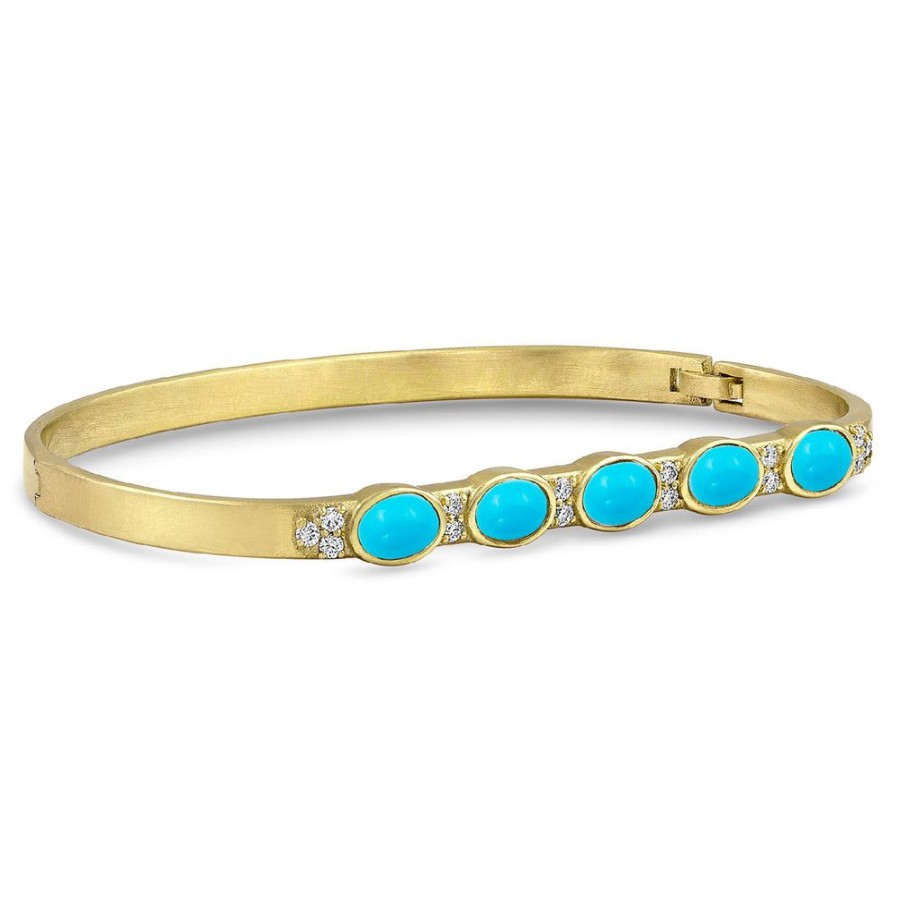 Jewelry dominique cohen | Gemstone Ovals Sleeping Beauty Turquoise, Diamond Hinged Huggie Bangle,In 18K Yellow Gold