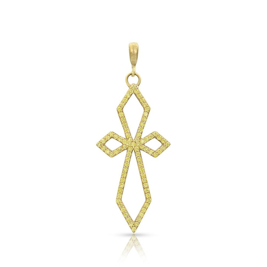 Jewelry dominique cohen | Yellow Diamond Deco Cross Pendant (Large), In 18K Yellow Gold